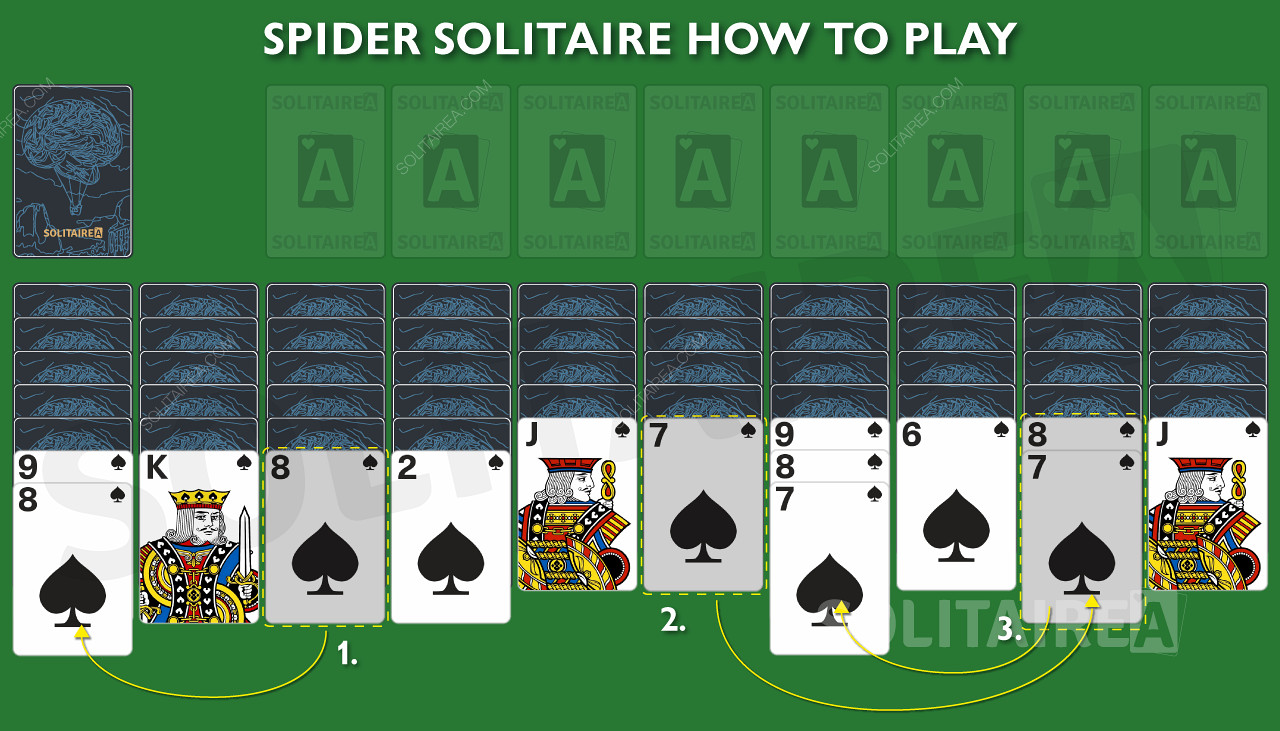 Pri presúvaní a triedení kariet sa v hre Spider Solitaire odkrývajú nové zakopané karty.
