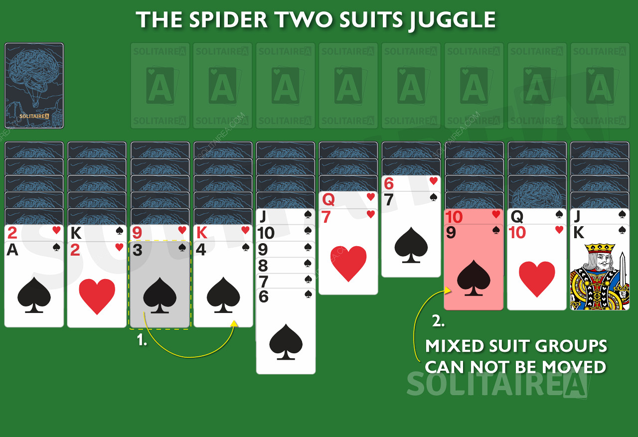 V hre Spider Solitaire 2 Suits nie je možné presúvať zmiešané skupiny farieb